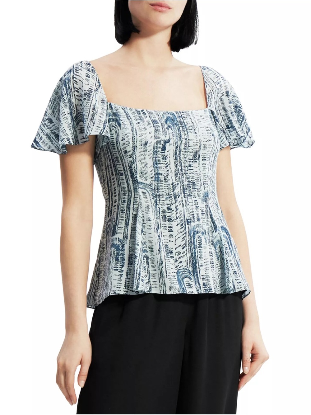 Theory Blue and White Square-Neck Flutter Sleeve Top NWT 00
